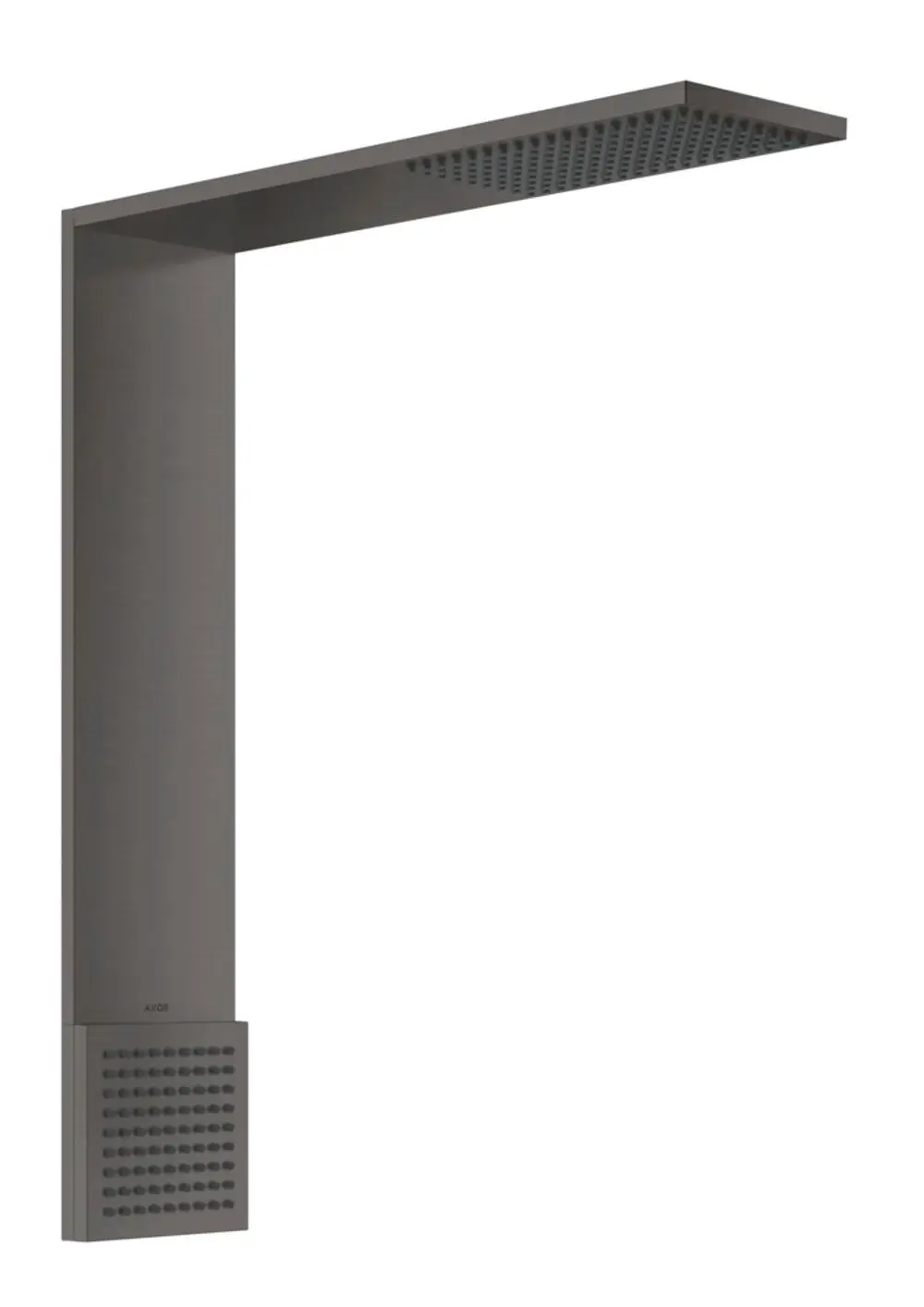 Schwarzes Brausenmodul von AXOR mit rechteckigem Kopf und quadratischem Körper. Oberfläche mit kleinen Düsen. Eignet sich für moderne Duschanlagen.